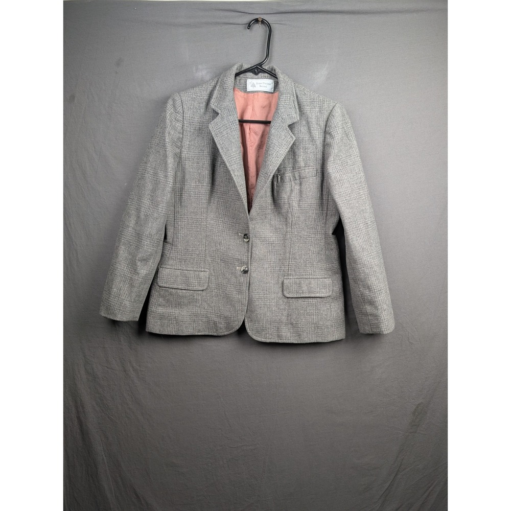 Evan Picone Petites Vintage Wool Blend Plaid Blazer Grey Pink Size 12
